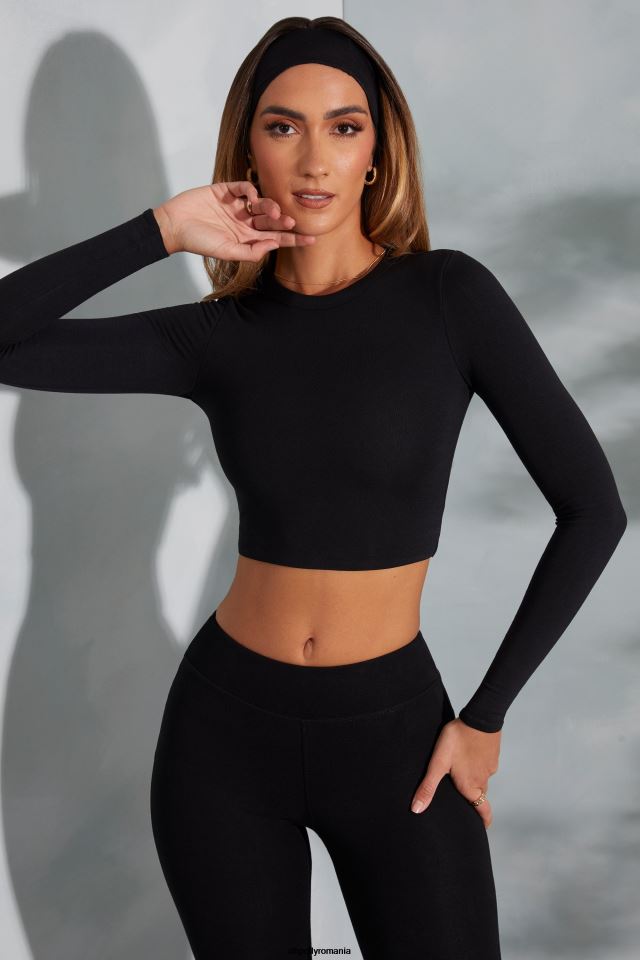 Oh Polly Colectie femei top cu mânecă lungă cu gât rotund negru 6PJ0L589