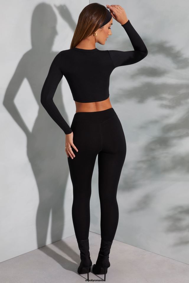 Oh Polly Colectie femei top cu mânecă lungă cu gât rotund negru 6PJ0L589
