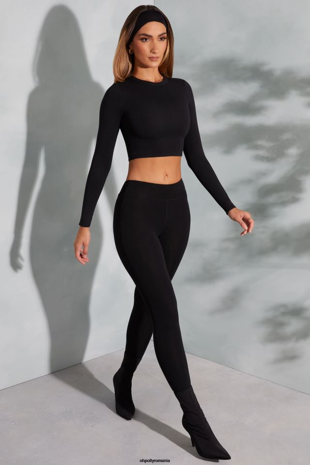 Oh Polly Colectie femei top cu mânecă lungă cu gât rotund negru 6PJ0L589