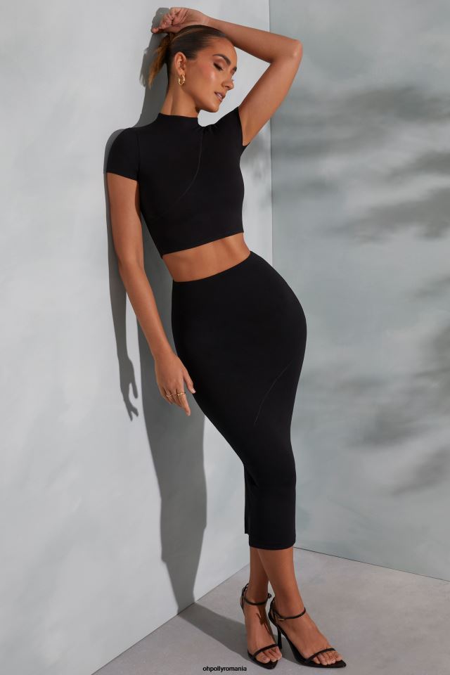 Oh Polly Colectie femei Crop top cu gât țesut irie cu cusături contrastante negru 6PJ0L590