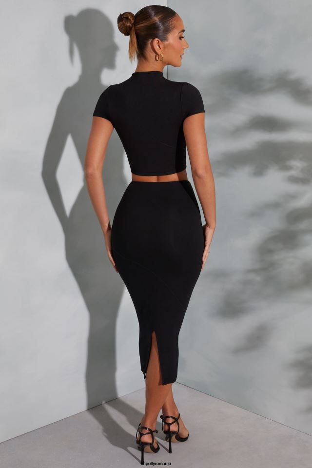 Oh Polly Colectie femei Crop top cu gât țesut irie cu cusături contrastante negru 6PJ0L590