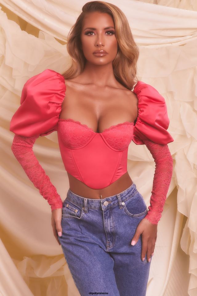 Oh Polly Colectie femei cineva care să iubească top crop din dantelă din satin cu mâneci bufante roz aprins 6PJ0L697