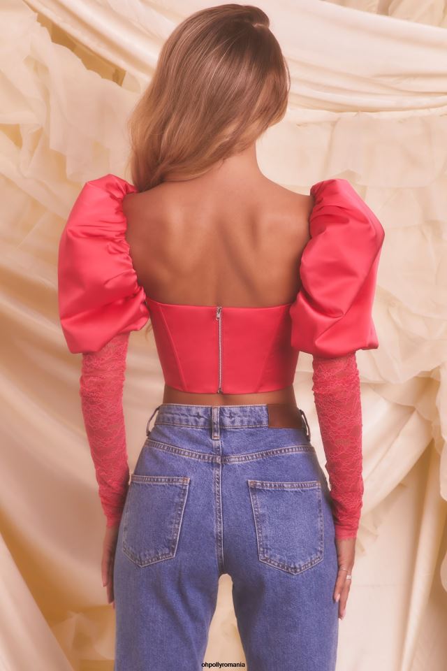 Oh Polly Colectie femei cineva care să iubească top crop din dantelă din satin cu mâneci bufante roz aprins 6PJ0L697