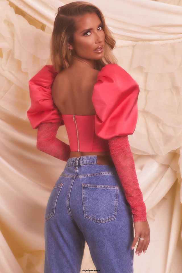 Oh Polly Colectie femei cineva care să iubească top crop din dantelă din satin cu mâneci bufante roz aprins 6PJ0L697