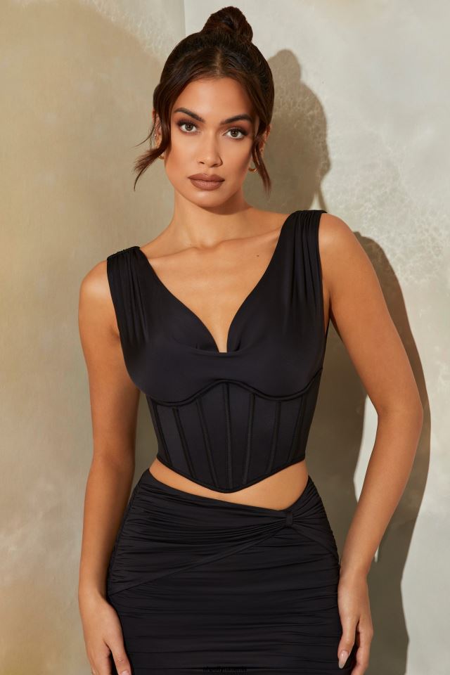 Oh Polly Colectie femei crop top corset cu gât adânc în ceață negru 6PJ0L680