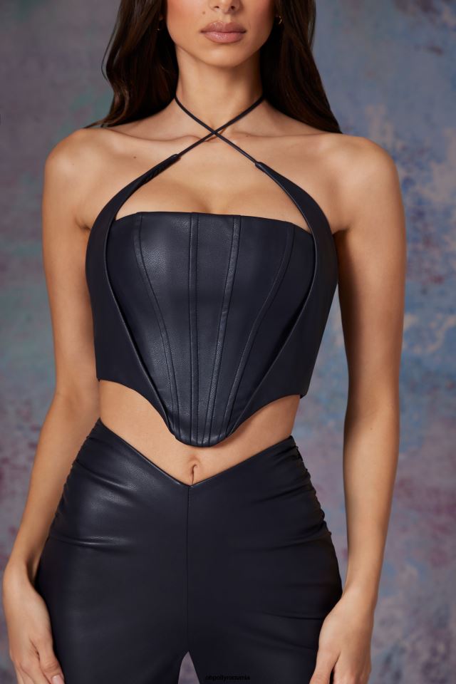 Oh Polly Colectie femei crop top corset din piele vegan amdis miezul nopții negru 6PJ0L624