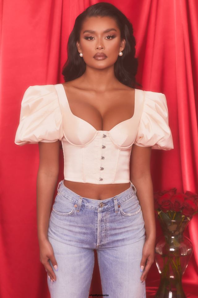 Oh Polly Colectie femei crop top cu corset cu mâneci bufante scurte alb de stridii 6PJ0L511