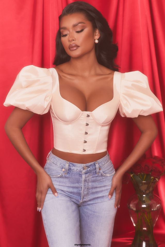 Oh Polly Colectie femei crop top cu corset cu mâneci bufante scurte alb de stridii 6PJ0L511