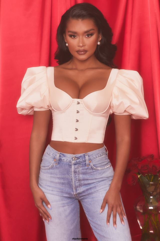 Oh Polly Colectie femei crop top cu corset cu mâneci bufante scurte alb de stridii 6PJ0L511