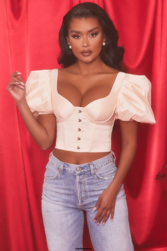 Oh Polly Colectie femei crop top cu corset cu mâneci bufante scurte alb de stridii 6PJ0L511