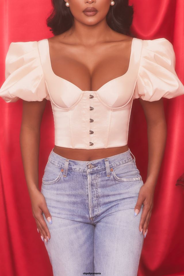 Oh Polly Colectie femei crop top cu corset cu mâneci bufante scurte alb de stridii 6PJ0L511
