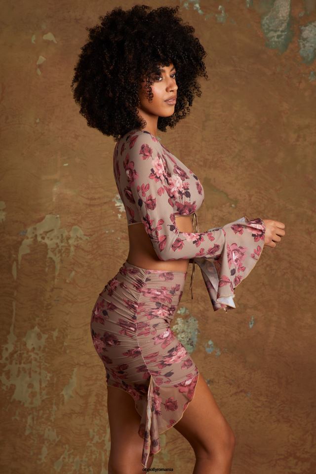 Oh Polly Colectie femei crop top cu cravată feryal în față imprimeu bej 6PJ0L628