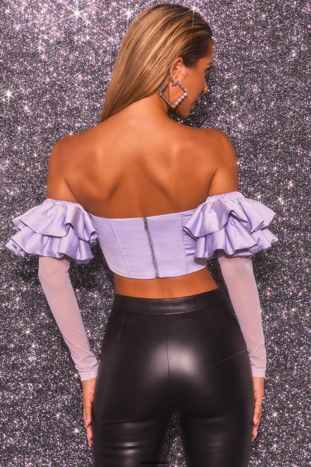 Oh Polly Colectie femei love charm bardot crop top corset cu maneci lungi cu volane liliac 6PJ0L685