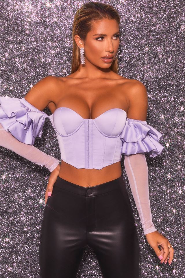 Oh Polly Colectie femei love charm bardot crop top corset cu maneci lungi cu volane liliac 6PJ0L685