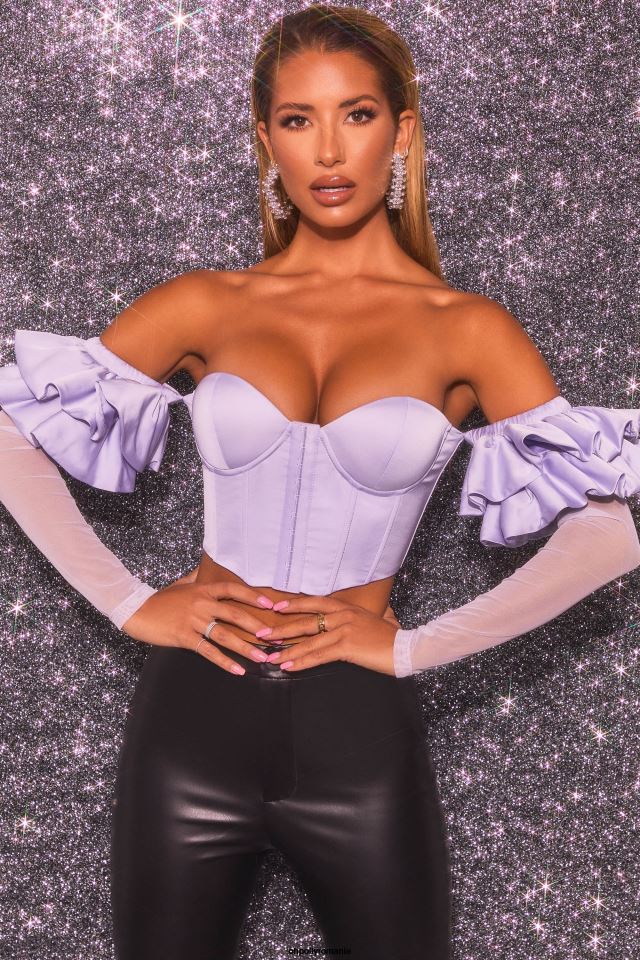 Oh Polly Colectie femei love charm bardot crop top corset cu maneci lungi cu volane liliac 6PJ0L685