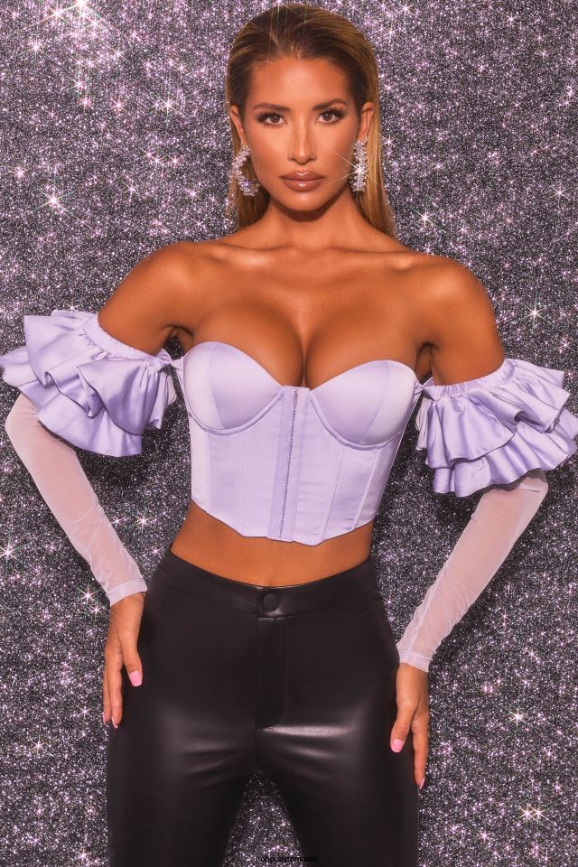 Oh Polly Colectie femei love charm bardot crop top corset cu maneci lungi cu volane liliac 6PJ0L685