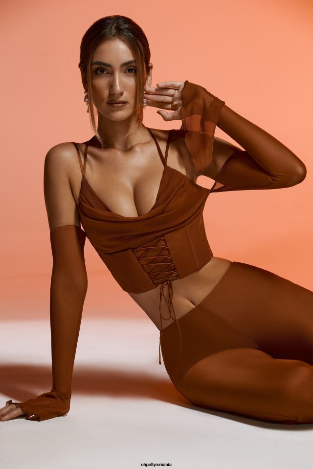 Oh Polly Colectie femei minu crop top cu mânecă lungă, cu umăr rece maro 6PJ0L634