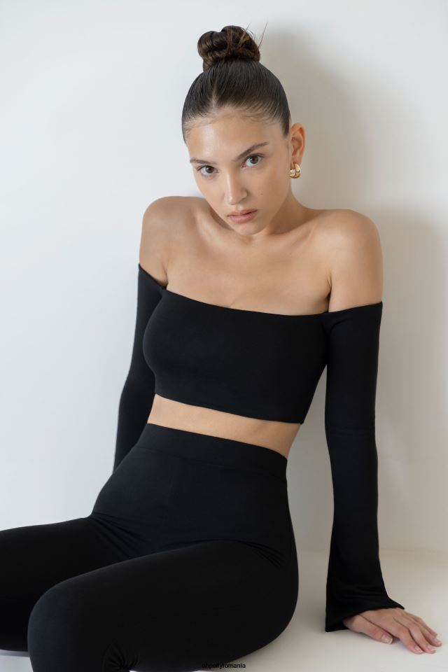 Oh Polly Colectie femei top crop bardot cu mânecă lungă renata negru 6PJ0L633