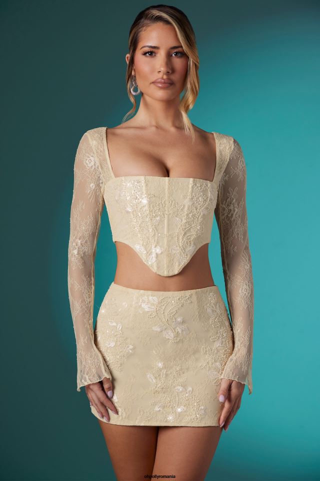 Oh Polly Colectie femei top crop corset din dantelă cu mânecă lungă Neve fildeş 6PJ0L621