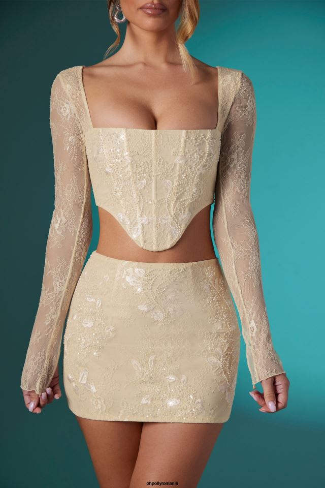 Oh Polly Colectie femei top crop corset din dantelă cu mânecă lungă Neve fildeş 6PJ0L621