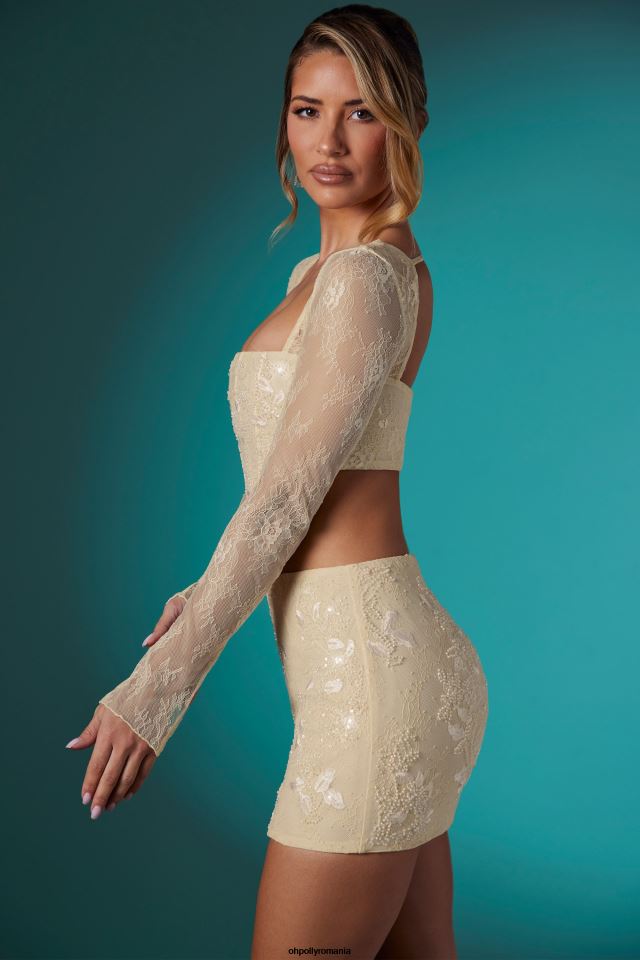 Oh Polly Colectie femei top crop corset din dantelă cu mânecă lungă Neve fildeş 6PJ0L621