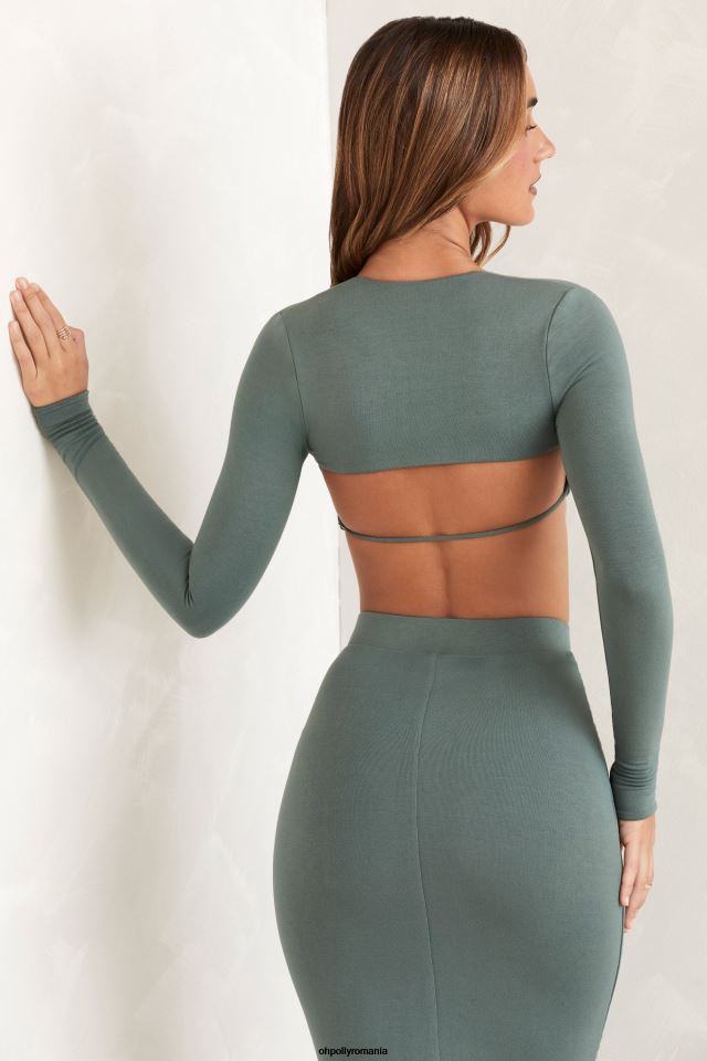 Oh Polly Colectie femei top crop cu mânecă lungă decupat la spate avril verde 6PJ0L659