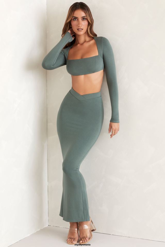 Oh Polly Colectie femei top crop cu mânecă lungă decupat la spate avril verde 6PJ0L659