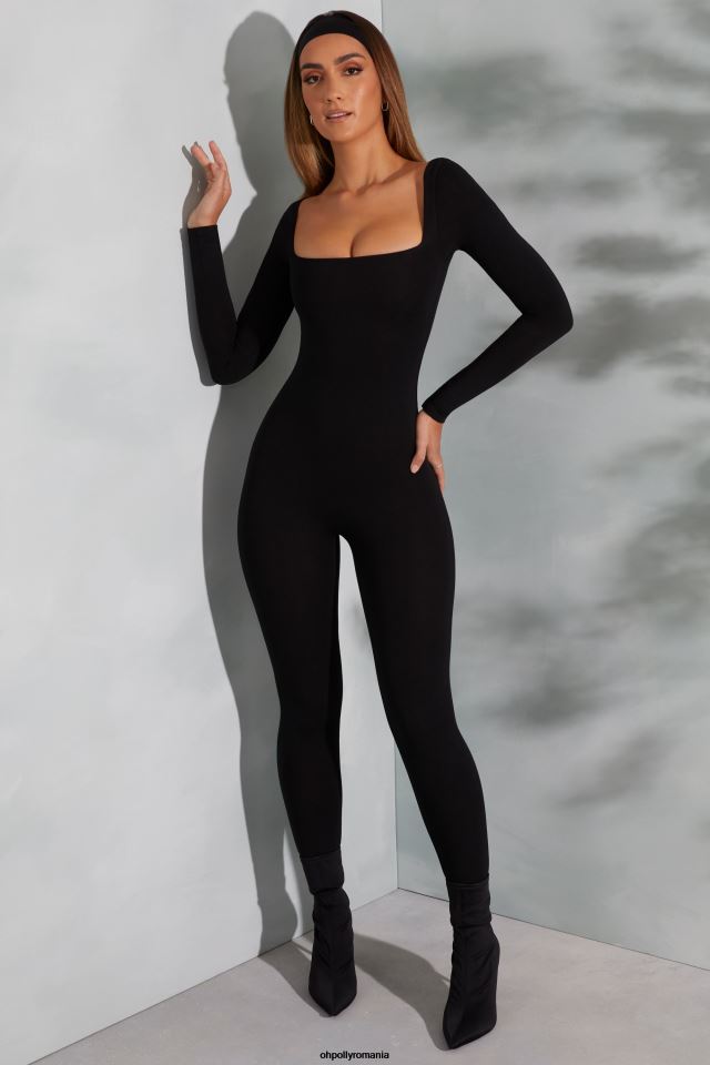 Oh Polly Colectie femei salopetă delanie cu mânecă lungă cu decolteu pătrat negru 6PJ0L764