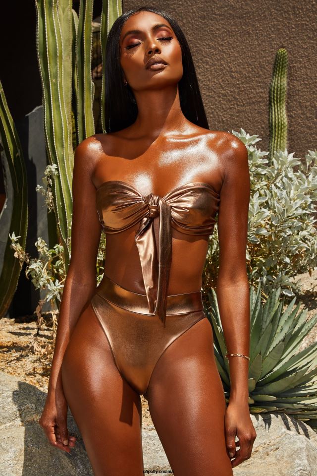Oh Polly costume de baie femei fund de bikini metalizat gold coast cu talie înaltă bronz 6PJ0L936
