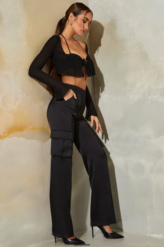 Oh Polly fund femei pantaloni cargo drept din satin daya negru 6PJ0L858