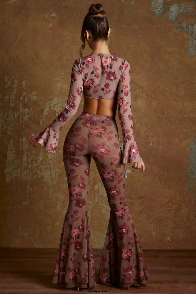 Oh Polly fund femei pantaloni hazan cu volan evazat imprimeu bej 6PJ0L803