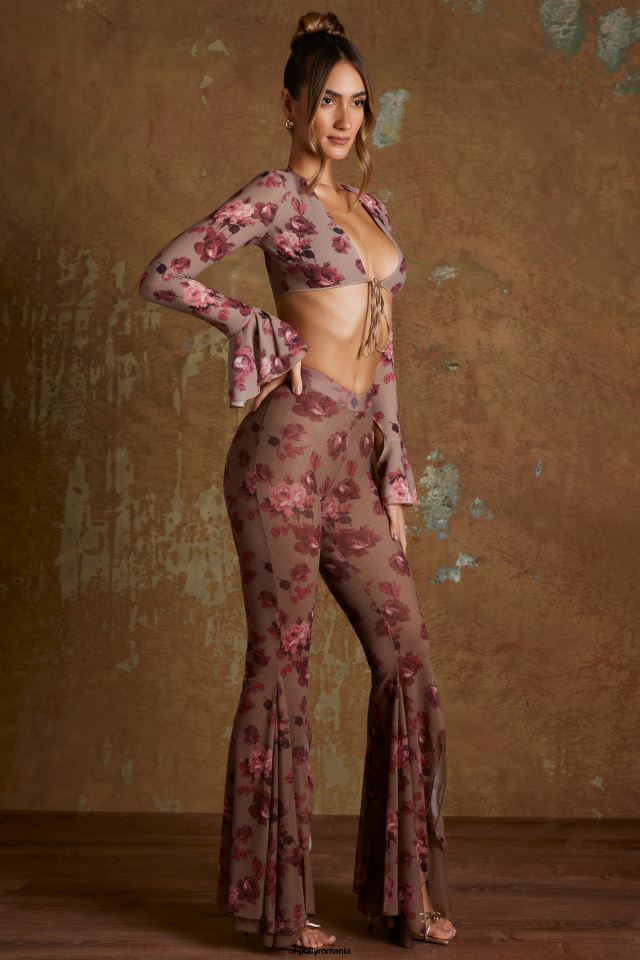 Oh Polly fund femei pantaloni hazan cu volan evazat imprimeu bej 6PJ0L803