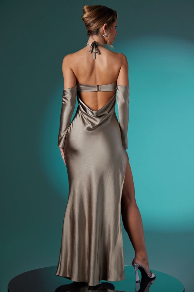 Oh Polly rochie femei rochie celine cu mânecă lungă, cu gât halter, coadă de pește taupe 6PJ0L276
