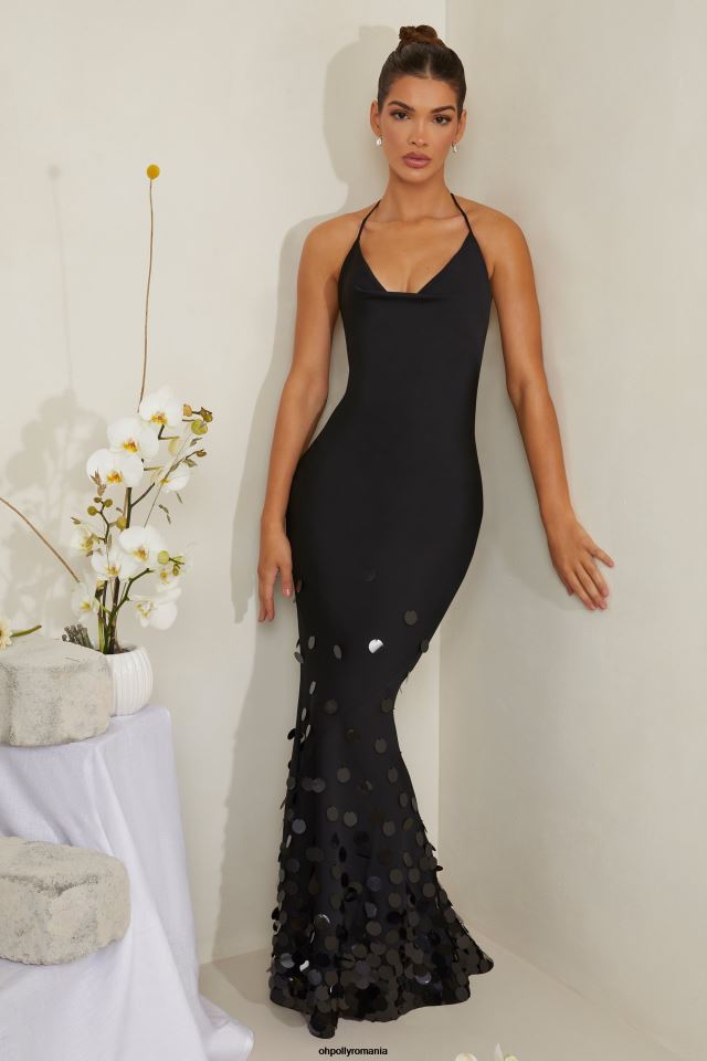 Oh Polly rochie femei rochie maxi din satin impodobita cu decolteu magnolia negru 6PJ0L217
