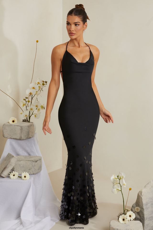Oh Polly rochie femei rochie maxi din satin impodobita cu decolteu magnolia negru 6PJ0L217