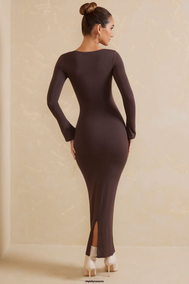Oh Polly rochie femei rochie maxi gelisa cu maneca lunga cu decolteu patrat ciocolată 6PJ0L270