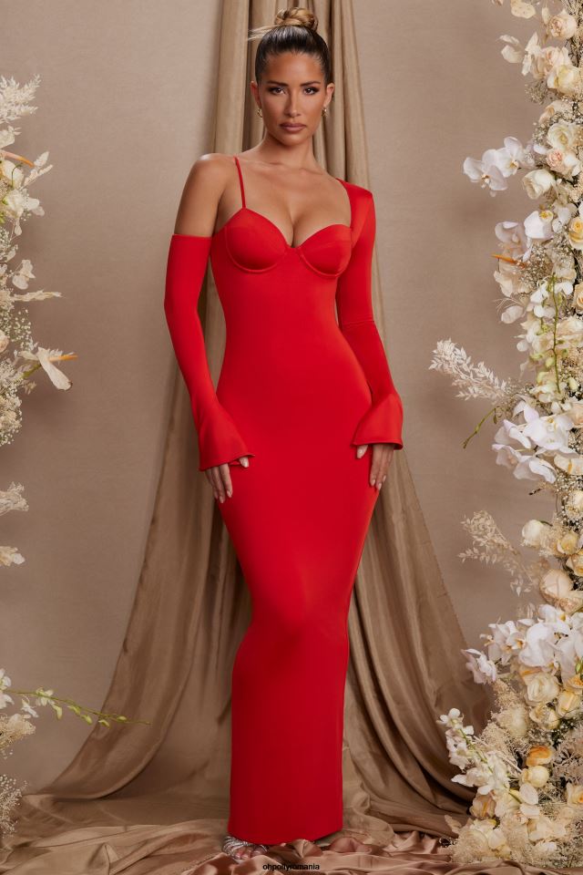 Oh Polly rochie femei rochie maxi isolde cu maneca lunga de pe umeri roșu 6PJ0L197