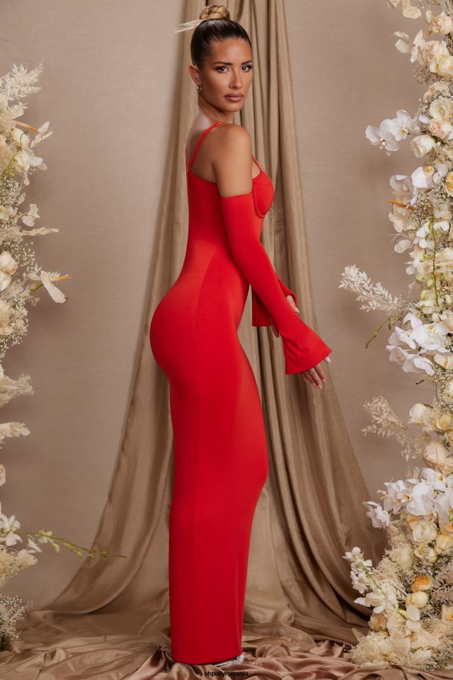 Oh Polly rochie femei rochie maxi isolde cu maneca lunga de pe umeri roșu 6PJ0L197