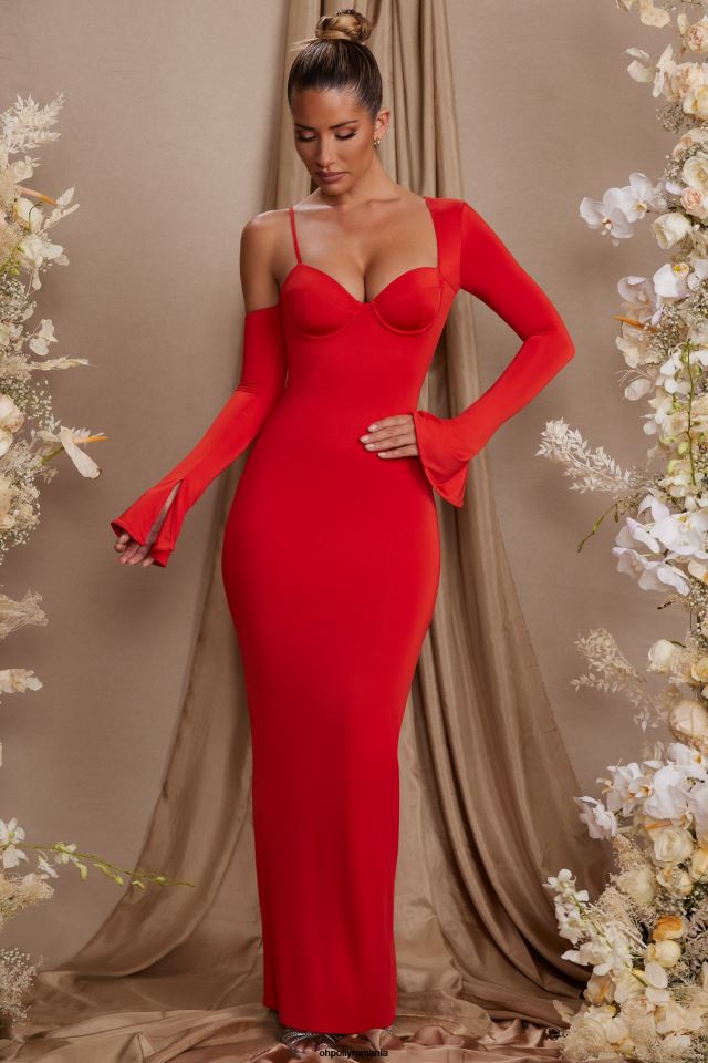 Oh Polly rochie femei rochie maxi isolde cu maneca lunga de pe umeri roșu 6PJ0L197