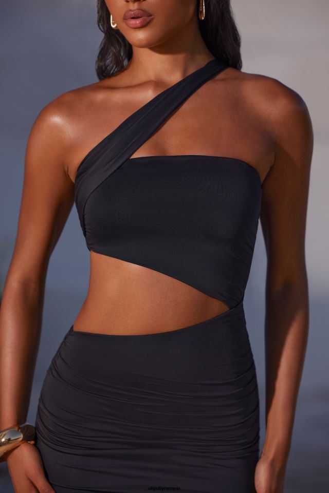 Oh Polly rochie femei rochie maxi suvi cu decolteu asimetric cu volane negru 6PJ0L23