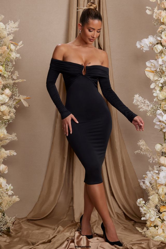 Oh Polly rochie femei rochie midi brigette cu maneca lunga decolteu bardot negru 6PJ0L86