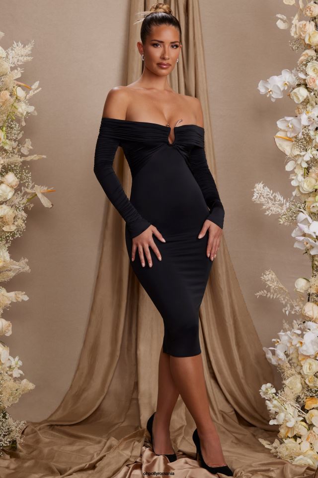 Oh Polly rochie femei rochie midi brigette cu maneca lunga decolteu bardot negru 6PJ0L86