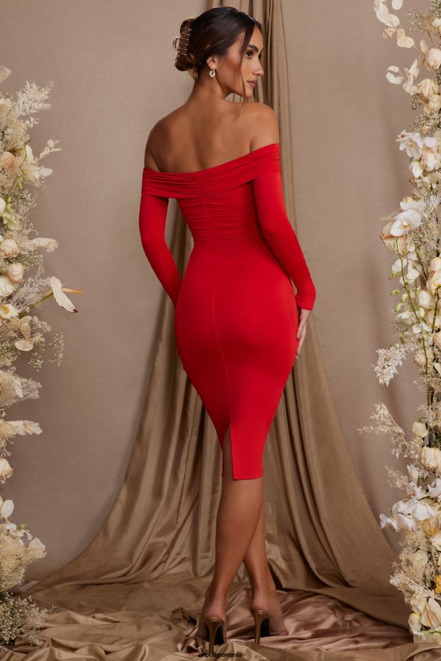 Oh Polly rochie femei rochie midi brigitte cu maneca lunga decolteu bardot roșu 6PJ0L95