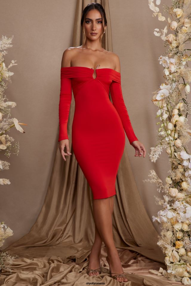 Oh Polly rochie femei rochie midi brigitte cu maneca lunga decolteu bardot roșu 6PJ0L95