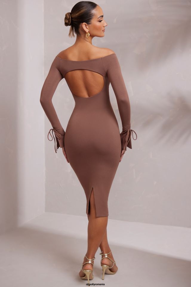 Oh Polly rochie femei rochie midi cu mânecă lungă de pe umăr maro 6PJ0L214