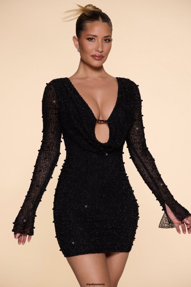 Oh Polly rochie femei drăguță rochie mini cu mânecă lungă adâncă negru 6PJ0L57
