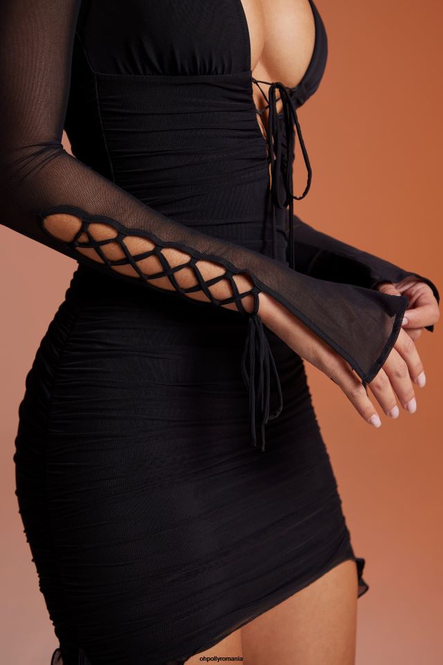 Oh Polly rochie femei eladari rochie mini cu maneci lungi cu volan negru 6PJ0L306