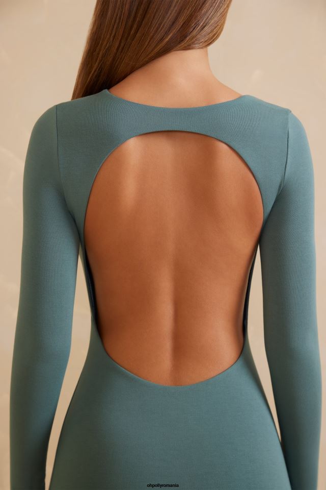 Oh Polly rochie femei rochie mini Bayan cu maneca lunga spate deschis teal 6PJ0L84