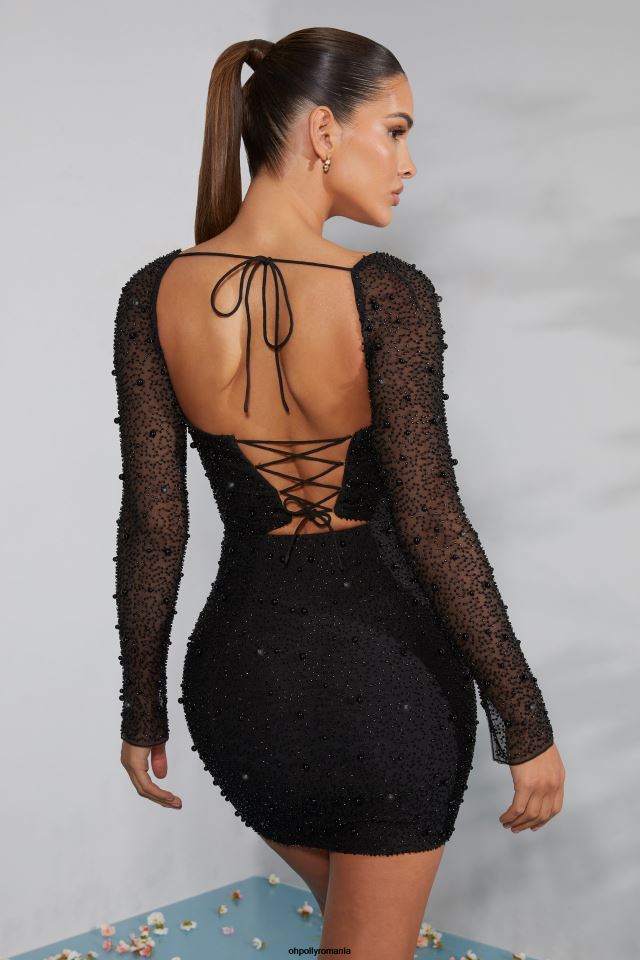 Oh Polly rochie femei rochie mini cu corset impodobit cu maneca lunga milan negru 6PJ0L223