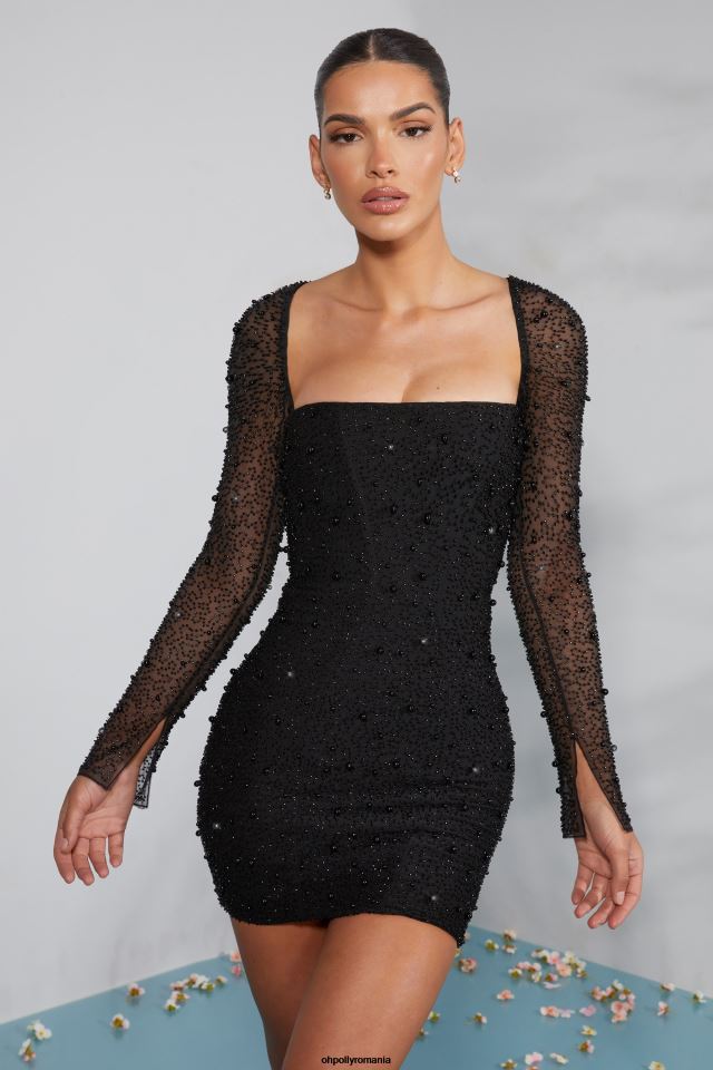 Oh Polly rochie femei rochie mini cu corset impodobit cu maneca lunga milan negru 6PJ0L223